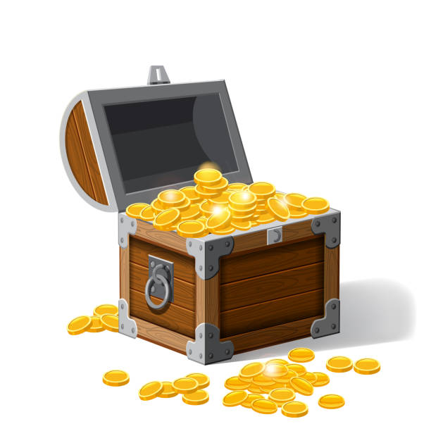 istock Piratic trunk chests with gold coins treasures. . Vector illustration. Catyoon style, isolated 946017598