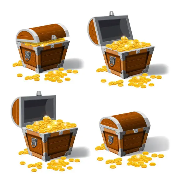 Vector illustration of Piratic trunk chests with gold coins treasures. . Vector illustration. Catyoon style, isolated