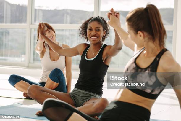 Successful Fitness Class Doing High Five Stock Photo - Download Image Now - Friendship, Health Club, Gym