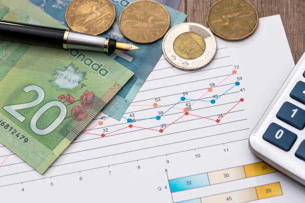 kanadensisk dollar med business diagram penna och calcualtor - endollarsmynt kanadensiskt mynt bildbanksfoton och bilder