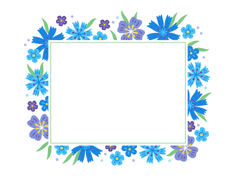 Summer greeting card with cornflowers, leaves and rectangle blank label. Perfect for holiday and spring invitations