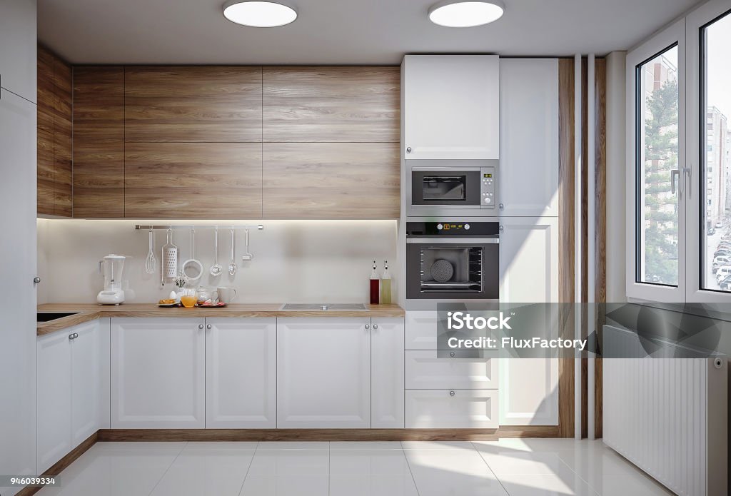 Sunny white modern domestic kitchen Computer generated image of modern beautiful white domestic kitchen Kitchen Stock Photo