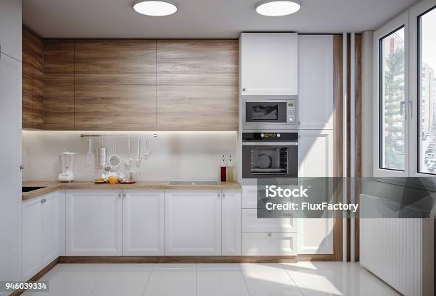 Sunny White Modern Domestic Kitchen Stock Photo - Download Image Now - Kitchen, White Color, Oven