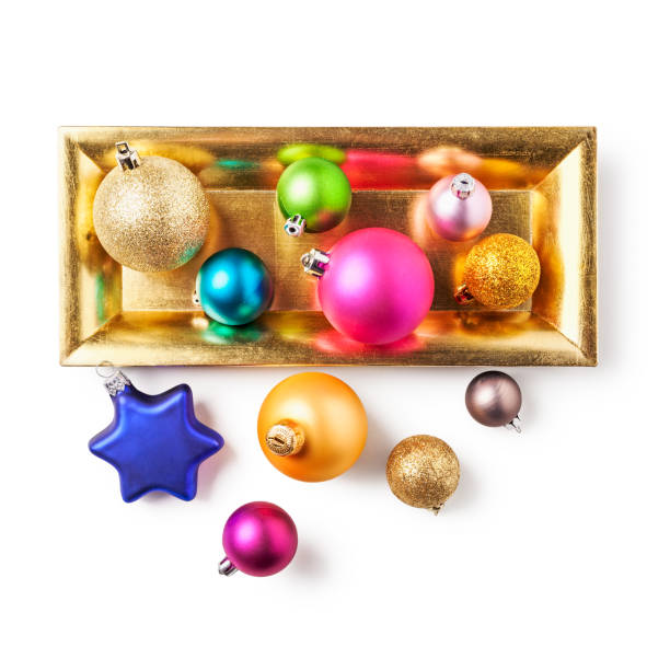 istock Christmas baubles in gold tray 946043094