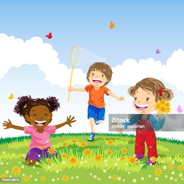 Kids Playing In Spring Stock Illustration - Download Image Now - Child, Playful, Playing