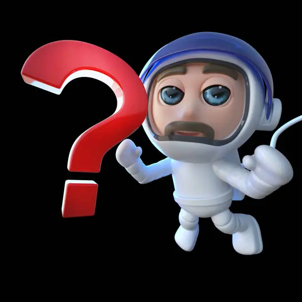 Photo of 3d Funny cartoon spaceman astronaut character chasing a question mark in space