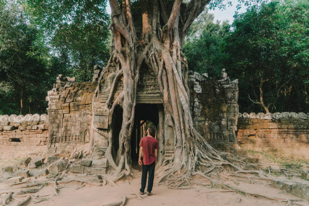 istock Young Caucasian man   in Angkor  temple 946047798
