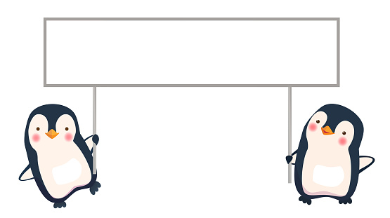 Penguin cartoon vector illustration. Two penguins holding banner