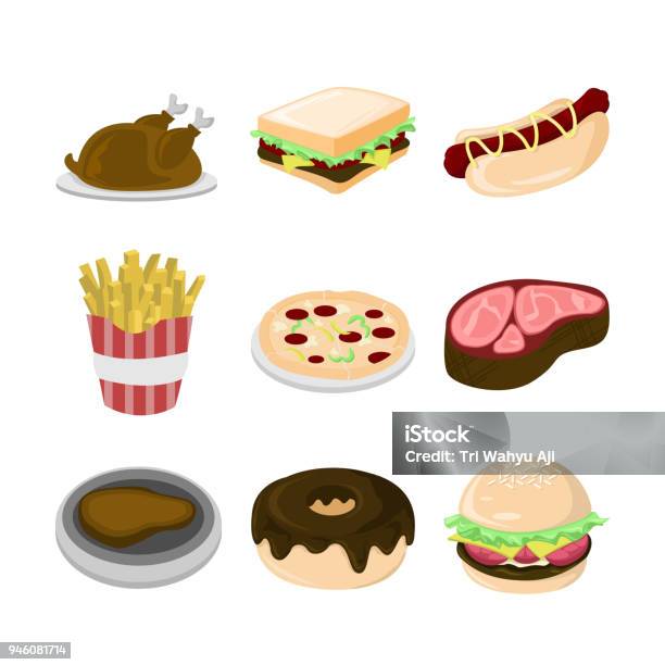 Various Food Cafe Illustration Set Stock Illustration - Download Image Now - Hot Dog, Illustration, Turkey Meat