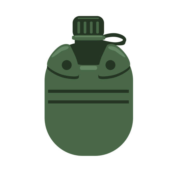 ilustrações de stock, clip art, desenhos animados e ícones de soldier water bottle, travel flask. vector illustration, isolated on white background. - military canteen