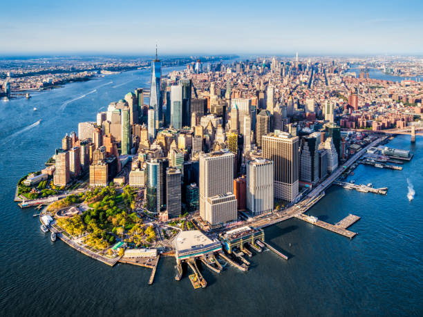 aerial view of Lower Manhattan. New York Aerial view of Lower Manhattan at sunset. New York. USA new york city stock pictures, royalty-free photos & images