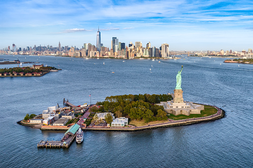Aerial view of Liberty island in front of Manhattan. New York. USA
