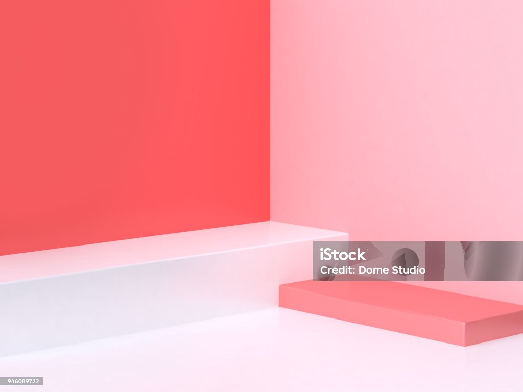 3d minimal astratto rosa-rosso sfondo parete scena d'angolo quadrato podio 3d rendering - Foto stock royalty-free di Sfondi
