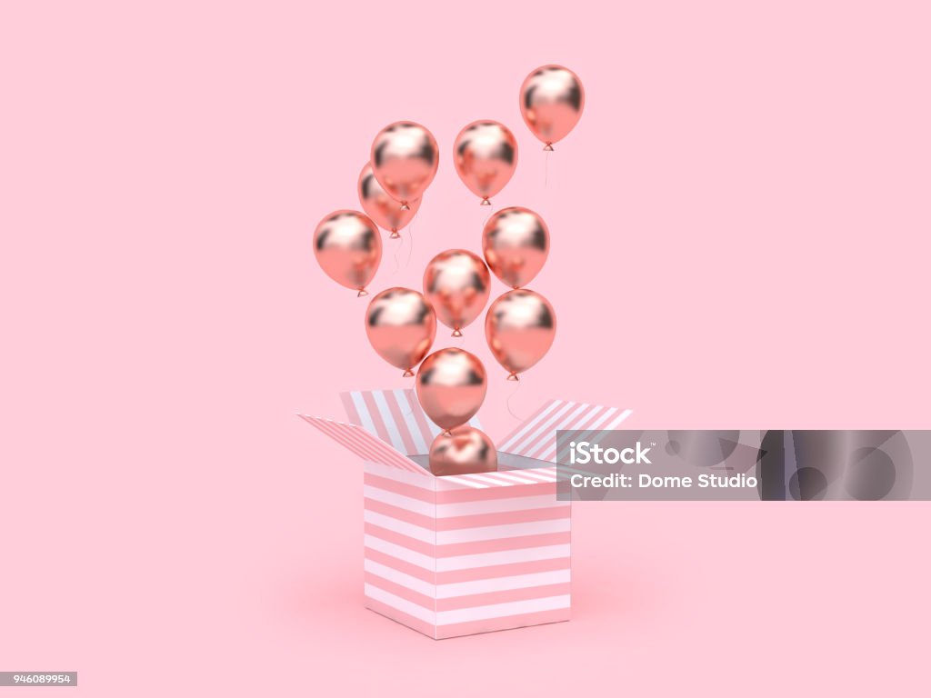 Grupo de globo metálico Oro abierto de caja de regalo Blanca Rosa flotante de renderizado 3d - Foto de stock de Globo - Decoración libre de derechos