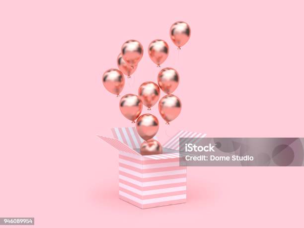 Grupo De Globo Metálico Oro Abierto De Caja De Regalo Blanca Rosa Flotante De Renderizado 3d Foto de stock y más banco de imágenes de Globo - Decoración