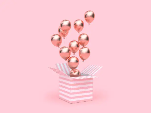 Photo of pink white gift box open gold metallic balloon group floating 3d rendering