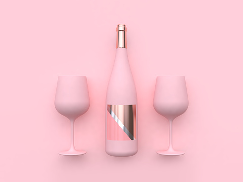 minimal pink background wine glass wine bottle 3d rendering