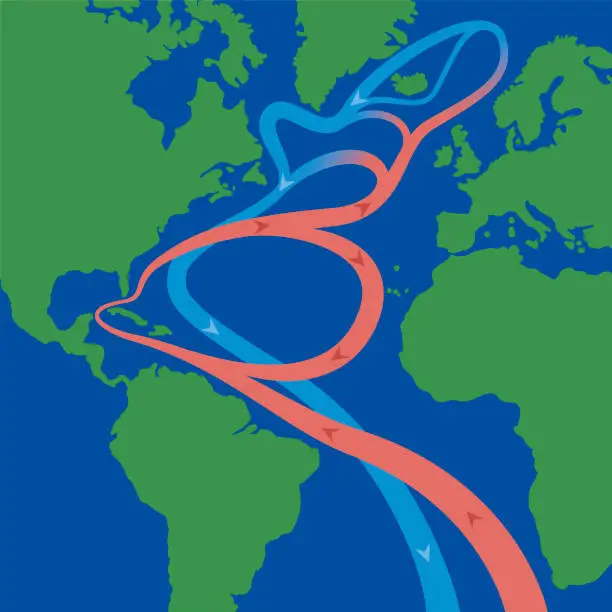 Vector illustration of Gulf stream and North atlantic current that cause weather phenomena like hurricanes and is influential on the worlds climate. Flows of red thermal surface currents and blue cooled deep-water currents.