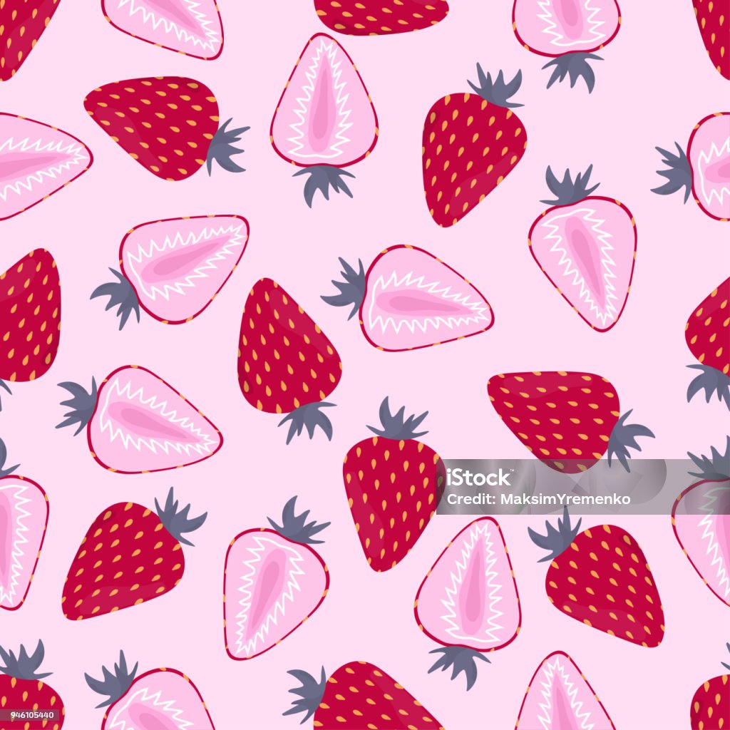 pattern with strawberry on pink seamless pattern with whole and half halves of strawberries on a pink background, fruit wallpapers Pattern stock vector
