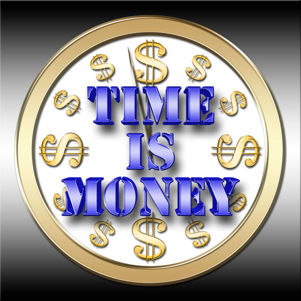 stock illustration - glänzend metallisch blauen text: zeit ist geld, 3d illustration, isolated farbverlauf im hintergrund. - time time is money clock dollar sign stock-fotos und bilder