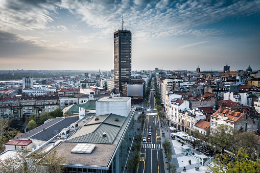 Aerial view of Beogradjanka the tallest building in Belgrade, Serbia with surrounding area.