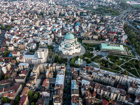 Aerial view of Saint Sava Temple in Belgrade, Serbia with surrounding area.