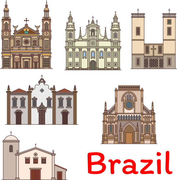 Famous travel landmark of Brazil thin line icon Famous travel landmark of Brazil icon set. Church and Chapel of Our Lady of the Rosary and Saint Benedict, Basilica of Our Lady of Nazareth, Bom Despacho Church and Our Lady of Grace Cathedral cuiabá stock illustrations