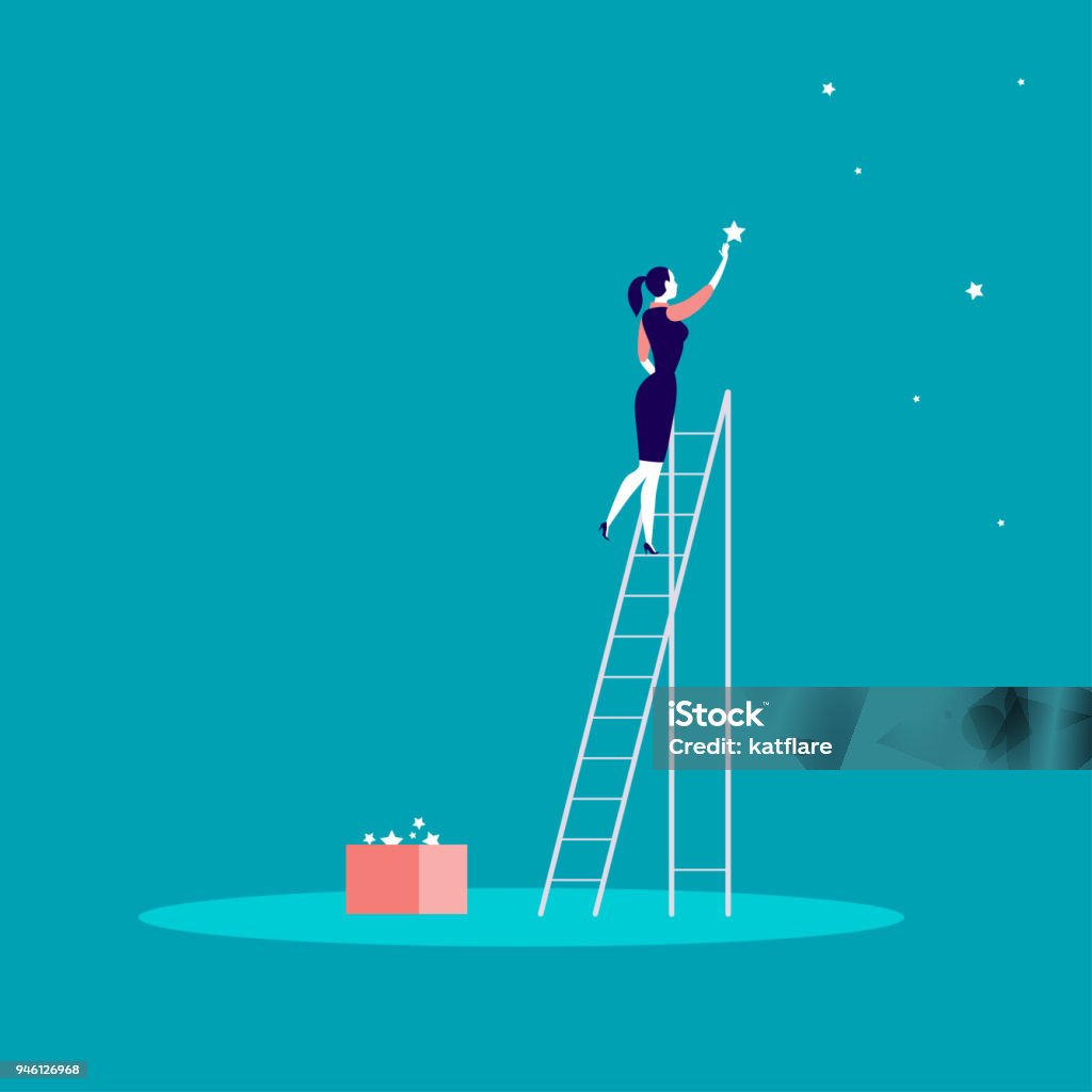 Vector business concept illustration with business lady standing on stairs and reaching star on the sky. Vector business concept illustration with business lady standing on stairs and reaching star on the sky. Blue background. Reach your dream, aspirations and solutions - metaphor. Aspirations stock vector