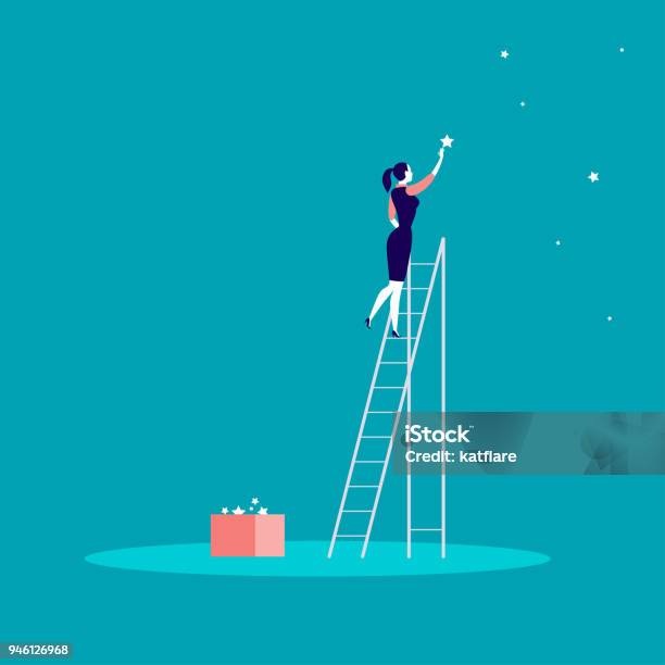 Vector Business Concept Illustration With Business Lady Standing On Stairs And Reaching Star On The Sky Stock Illustration - Download Image Now