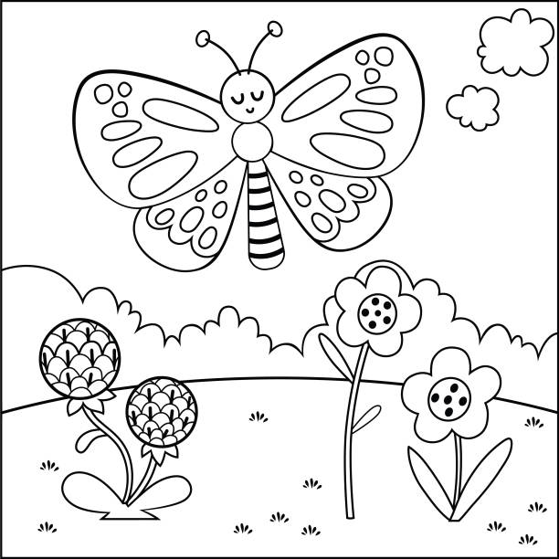蝶の漫画のキャラクター - spring grass cloud butterfly点のイラスト素材／クリップアート素材／マンガ素材／アイコン素材