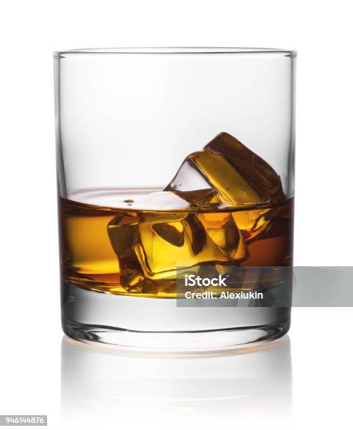 Round Transparent Glass Of Whiskey With Ice Stock Photo - Download Image Now - Bourbon Whiskey, Drinking Glass, Glass - Material