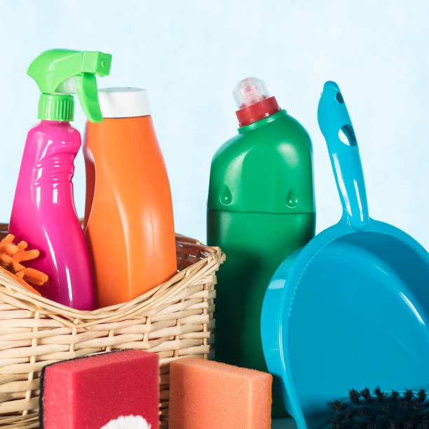 istock Colorful Cleaning Products on blue background 946149144