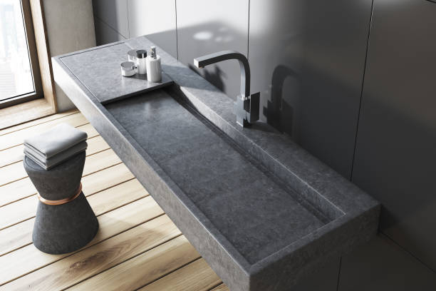 istock Gray bathroom, gray sink top view 946149818