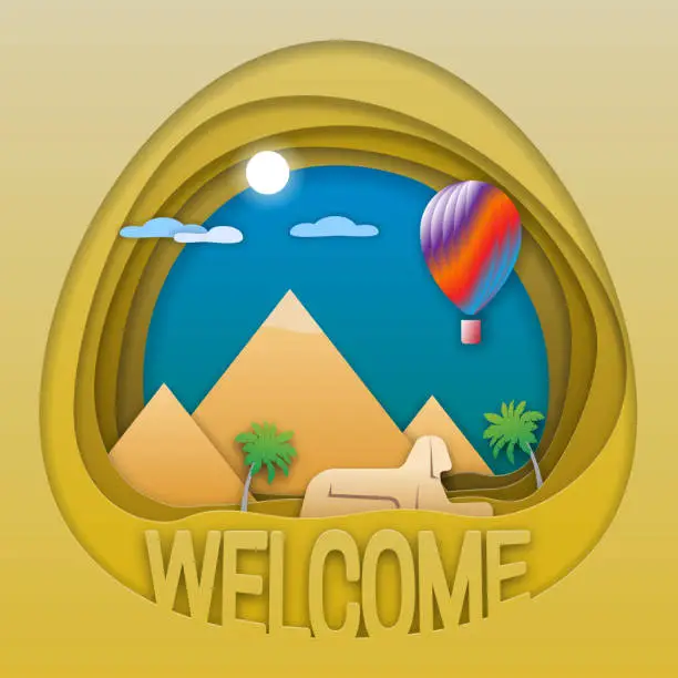 Vector illustration of Welcome to Egypt travel concept emblem. Pyramids, statue of sphinx, palm trees and hot air balloon. Tourist label illustration in paper cut style.