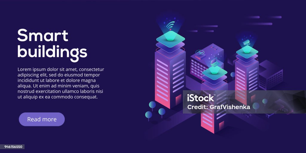 Ciudad inteligente o concepto de vector isométrica del edificio inteligente. Domótica con la ilustración red de computadoras. Sistema de gestión o antecedentes temáticos BAS. Plataforma de IoT como tecnología de futuro. - arte vectorial de Arquitectura exterior libre de derechos