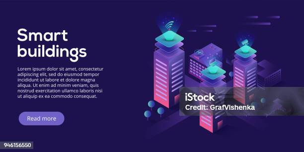 Smart City Or Intelligent Building Isometric Vector Concept Building Automation With Computer Networking Illustration Management System Or Bas Thematical Background Iot Platform As Future Technology Stock Illustration - Download Image Now