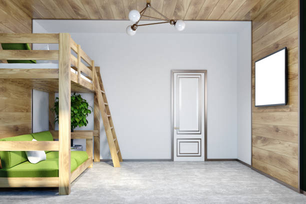 istock White bedroom, green loft bed, TV screen mock up 946156740