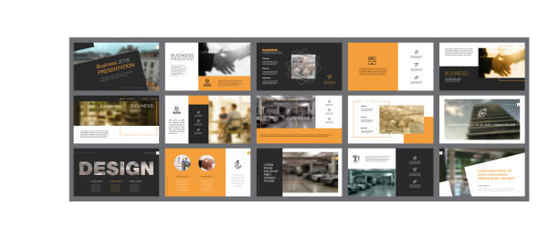 Fifteen Business Slide Templates Set Orange, white and black infographic elements for presentation slide templates. Business and concept can be used for annual report, advertising, flyer layout and banner. report document photos stock illustrations