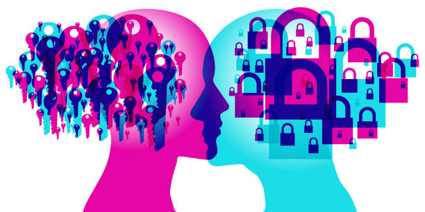 Combined Answer A male and female side silhouette positioned face to face overlaid with various semi-transparent Magenta and Cyan Keys and Padlocks - The female silhouette has various sized keys representing her desire to be open in the relationship, the male on the other hand has a numbers of Padlocks overlaying his silhouette representing him as closed and reserved. signs and symbols stock illustrations