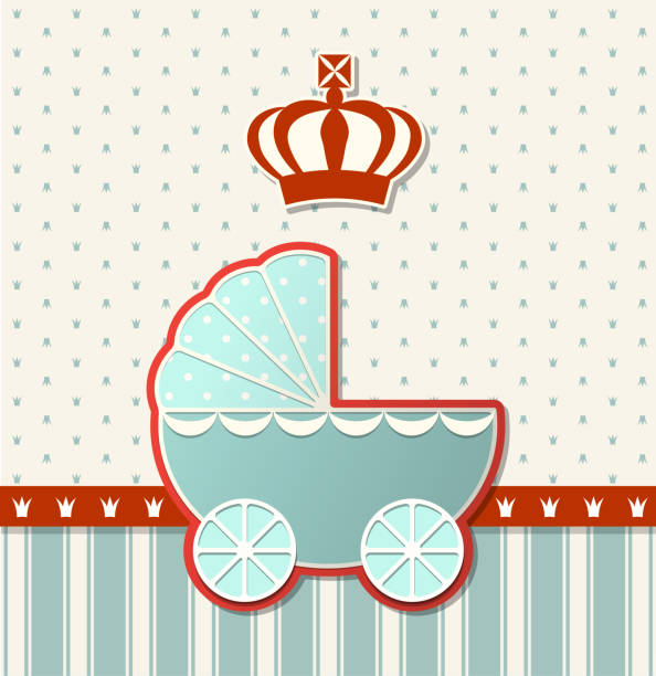 istock baby shower with royal crown and blue vintage stroller, illustration 946170720