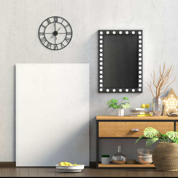 istock Modern interior design in Scandinavian style with credenza. Mock up poster. 3D illustration. 946176564