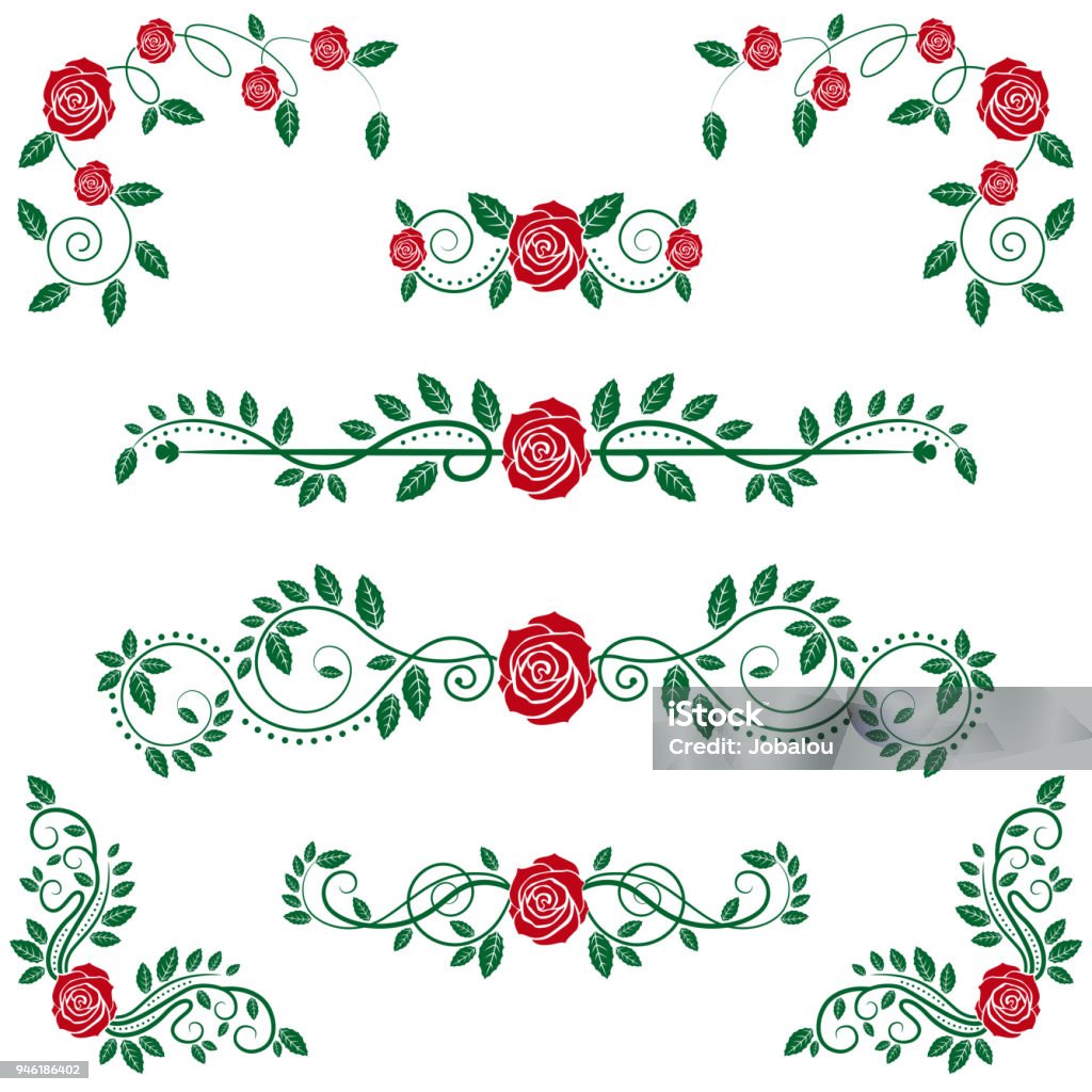 Calligraphic Floral Scroll and Roses Vector illustration of a Set of beautiful and classical Calligraphic Floral Scroll and Roses Rose - Flower stock vector