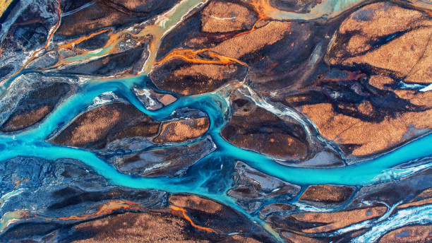 istock Aerial view and top view river in Iceland. Beautiful natural backdrop. 946192310