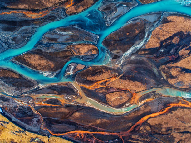 istock Aerial view and top view river in Iceland. Beautiful natural backdrop. 946192372