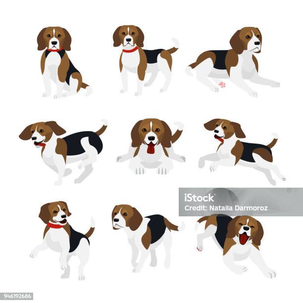 Ilustración de Conjunto De Ilustración Vectorial De Perro Beagle Lindo Y Divertido Animados Acciones Jugando Saltando Perros En Diseño Plano y más Vectores Libres de Derechos de Perro