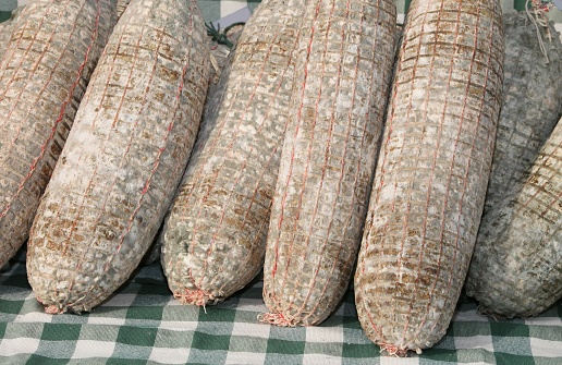salami  called Sopressa in Italian for sale in the peasant farm, typical of Italy