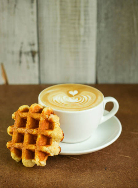 Hot coffee latte with waffle