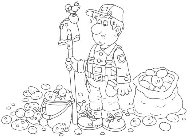 Farmer With His Potato Crop Stock Illustration - Download Image Now - Black  And White, Farmer, Coloring Book Page - Illlustration Technique - iStock