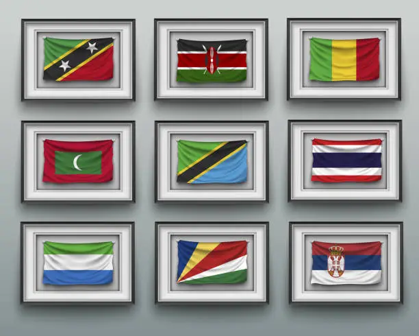 Vector illustration of set waving flags in picture frame on the wall
