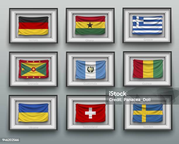 Set Waving Flags In Picture Frame On The Wall Stock Illustration - Download Image Now - Africa, Asia, Belarus